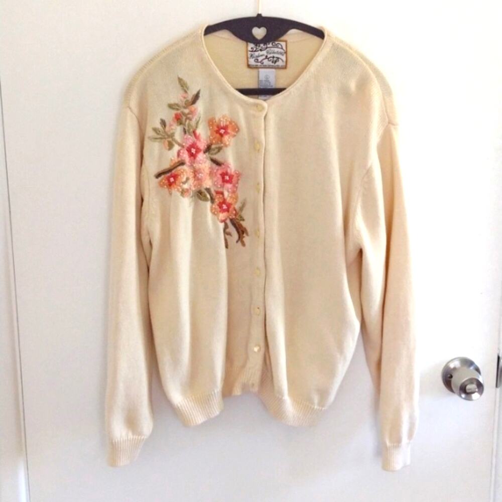 Vintage Heirloom Collectibles Embroidered Cream Floral Bird Cottagecore Cardigan